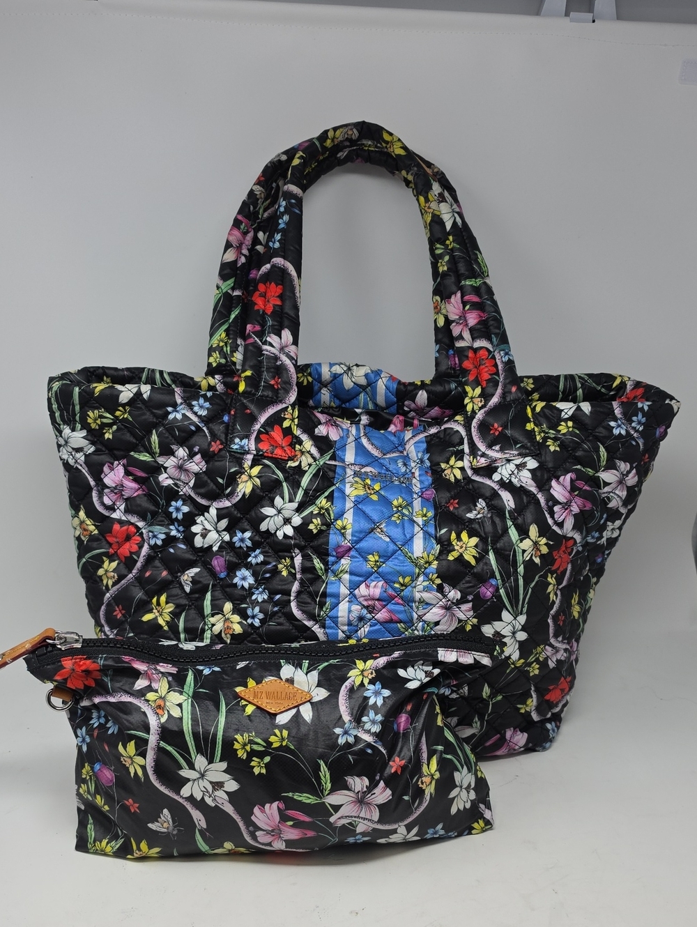 MZ WALLACE Medium Metro Black In Eden Floral With Stripe Tote And Pounch
